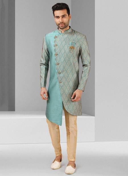 Sea Blue Colour Excluisve Wear Art Silk Digital Print Kurta Pajama With Jacket Mens Collection 1450